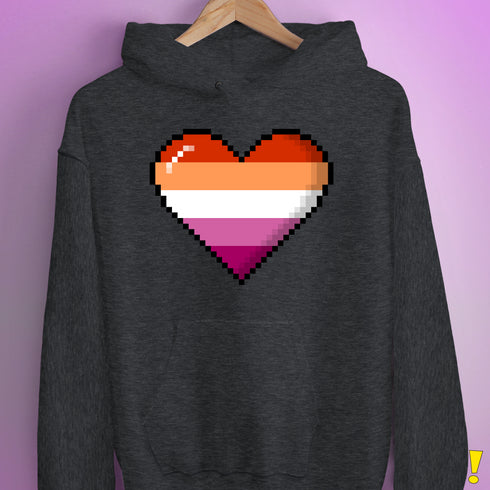 Lesbian Pride 8-Bit Pixel Heart Hoodie - Dark Grey Heather